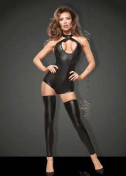 Noir Handmade - Powerwetlook Body mit Spitzen-Ausschnitt F169 schwarz