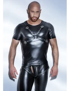Noir Handmade - Powerwetlook-Shirt mit verstellbarem Harness aus Eco-Leather