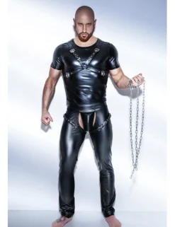 Noir Handmade - Powerwetlook-Shirt mit verstellbarem Harness aus Eco-Leather