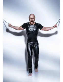 Noir Handmade - Powerwetlook-Shirt mit verstellbarem Harness aus Eco-Leather