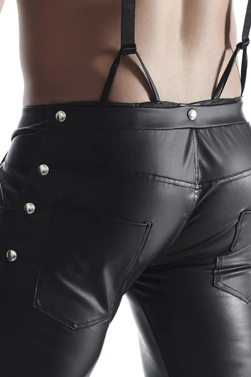 REGNES FETISH PLANET - Bermuda Short mit Hosenträgern und seitlicher Beinschnürung und aufklapbarem Hinterteil schwarz