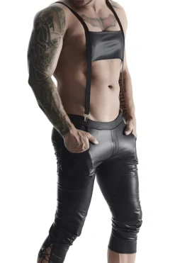 REGNES FETISH PLANET - Bermuda Short mit Hosenträgern und seitlicher Beinschnürung und aufklapbarem Hinterteil schwarz