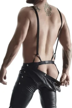 REGNES FETISH PLANET - Bermuda Short mit Hosenträgern und seitlicher Beinschnürung und aufklapbarem Hinterteil schwarz