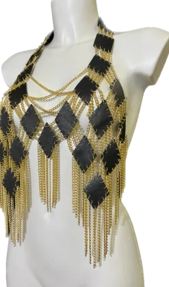 Zugeschnürt - Handmade Leder-Ketten-Top in Schwarz & Gold
